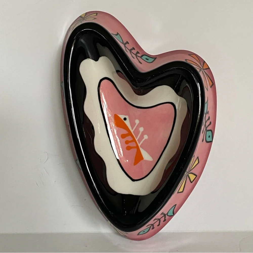 Heart Shaped Cat Bowl Food Pink Ceramic Fish Bones Hand Painted Karherine’s Coll